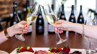Two people clinking champagne glasses with a plate of food in the foreground.